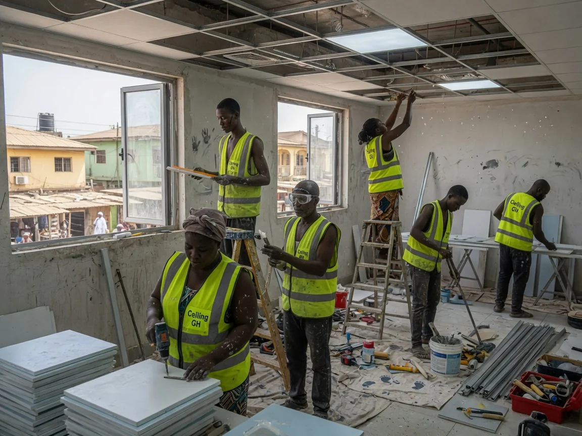 Hygienic cleanroom and healthcare ceiling installation in Accra — shot: washable vinyl faced hygienic ceiling in a hospital ward corridor, wipe clean finish  ceilinggh, Accra Ghana